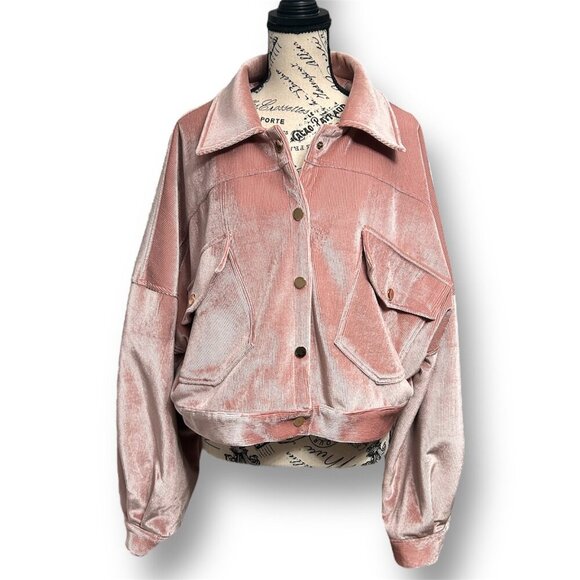 PrettyLittleThing 12 Pink Corduroy Cropped Snap Jacket Oversized Fall Y2K Boho - Picture 3 of 10